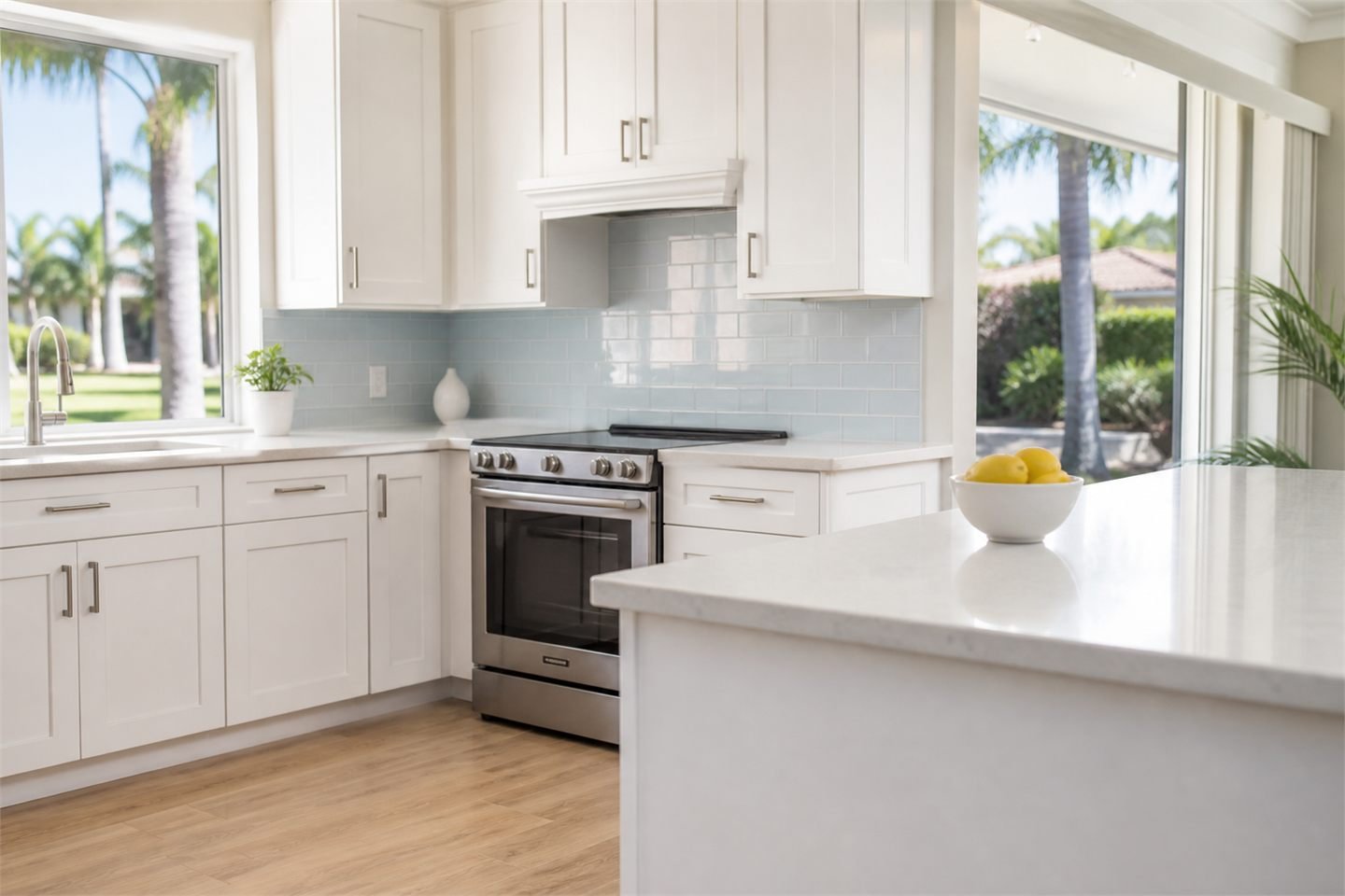 Deep cleaned kitchen with spotless counters and cabinet fronts