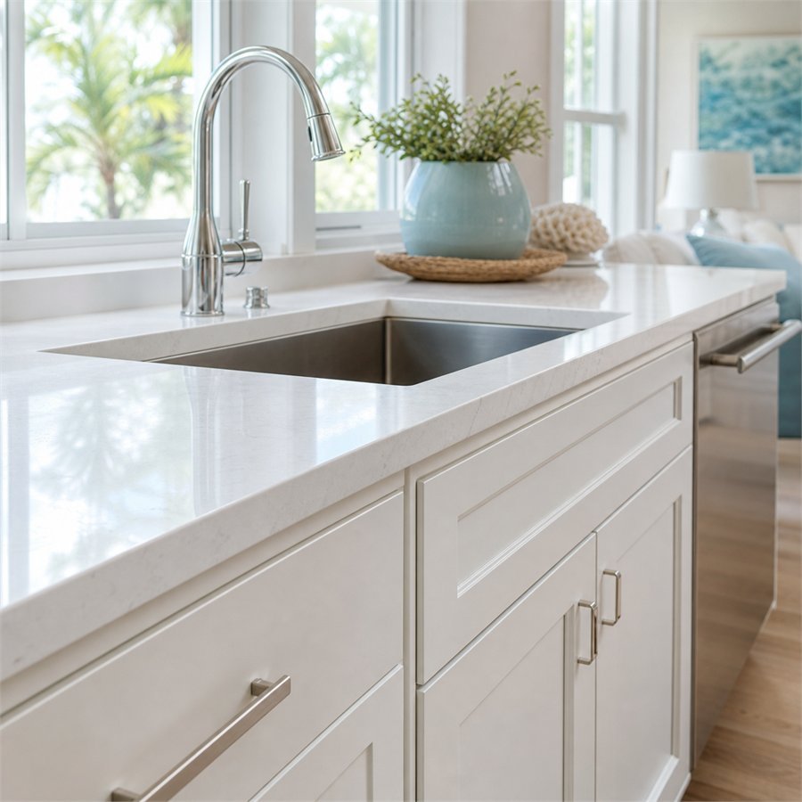 Spotless kitchen counters and cabinet fronts