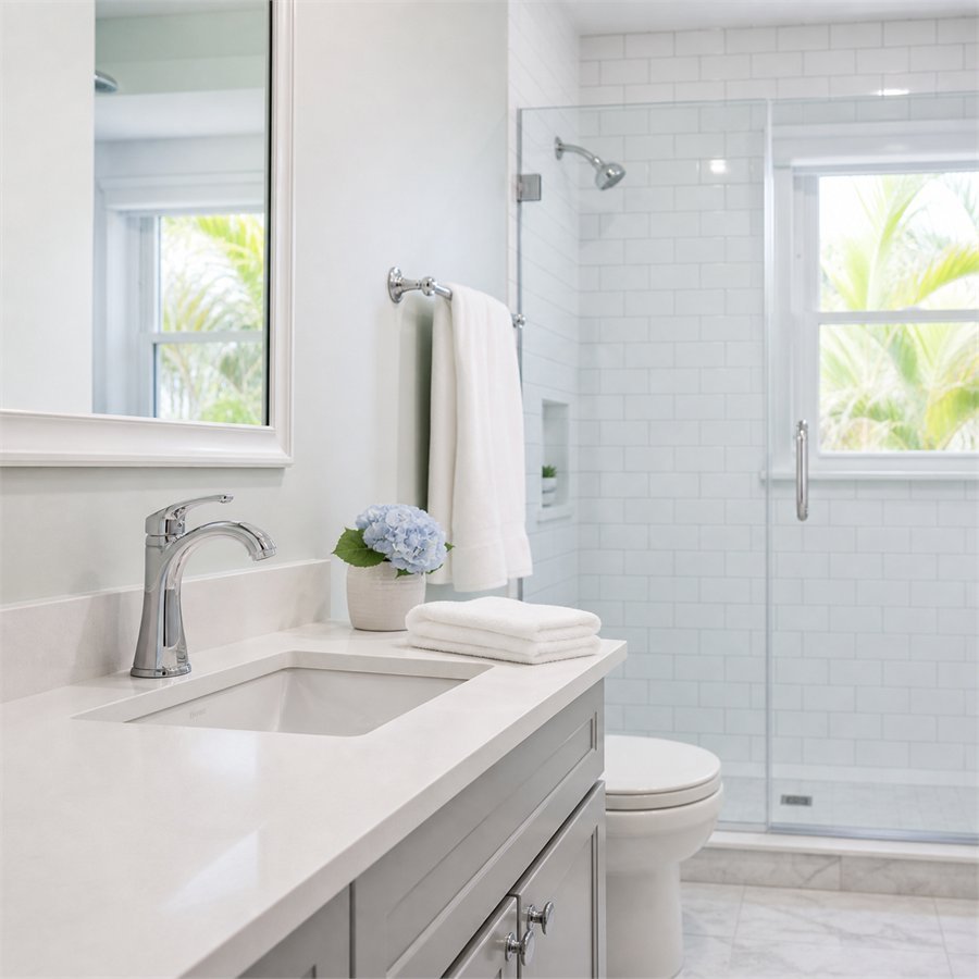 Clean bathroom sink, mirror and shower glass